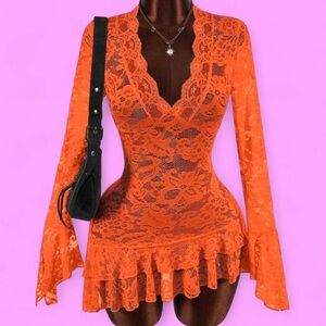 Orange lace long sleeve y2k flare boho fairy dress
